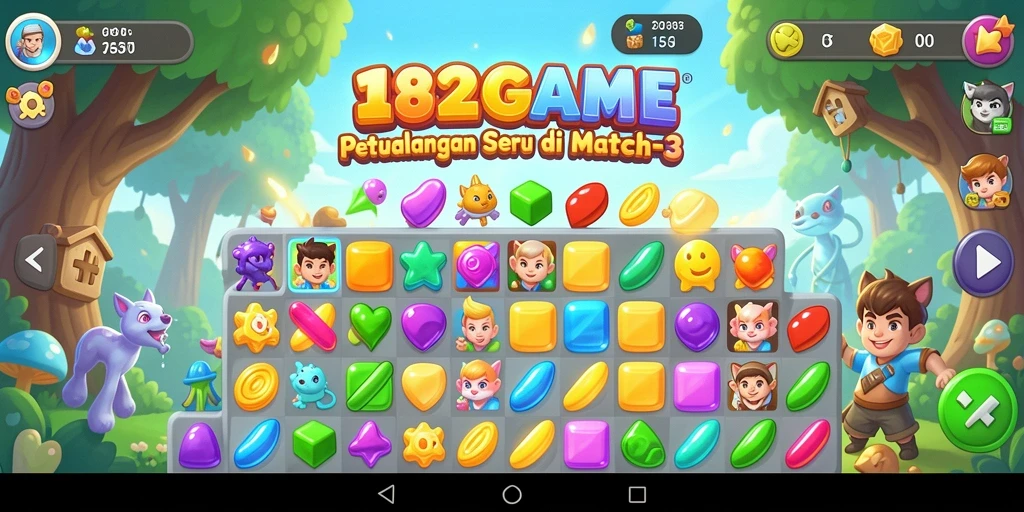 Menampilkan gameplay seru dalam 182GAME dengan objek berwarna warni.