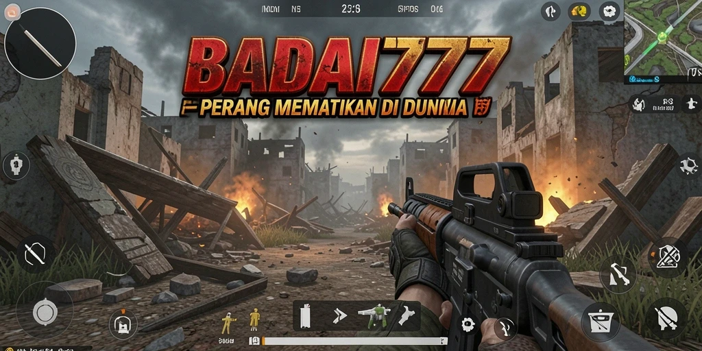 Tampilan aksi intens dalam gameplay BADAI777 di medan perang FPS.