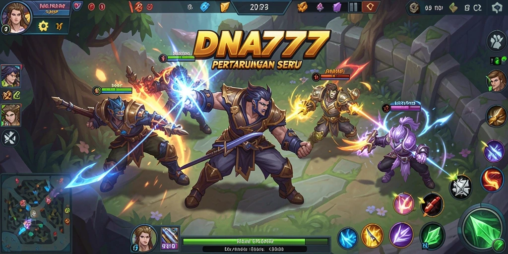 Tangkapan layar dari gameplay seru di DNA777 dengan aksi MOBA.
