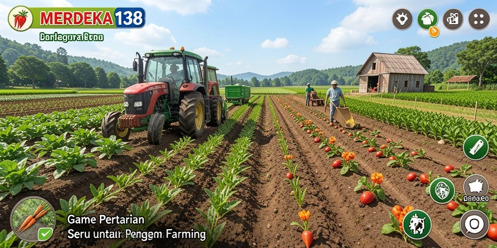 Screenshot gameplay MERDEKA138 menampilkan ladang yang indah dan tanaman yang subur.