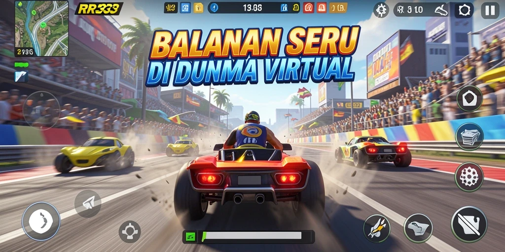 Screenshot gameplay RR33 menampilkan aksi balapan yang intens dan mendebarkan.