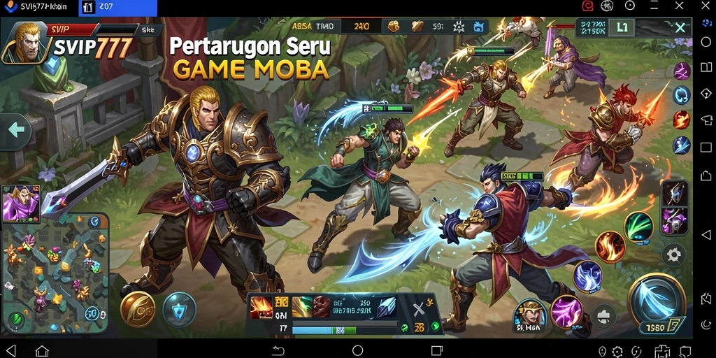 Screenshot gameplay seru SVIP777 dengan pertarungan antar karakter MOBA.