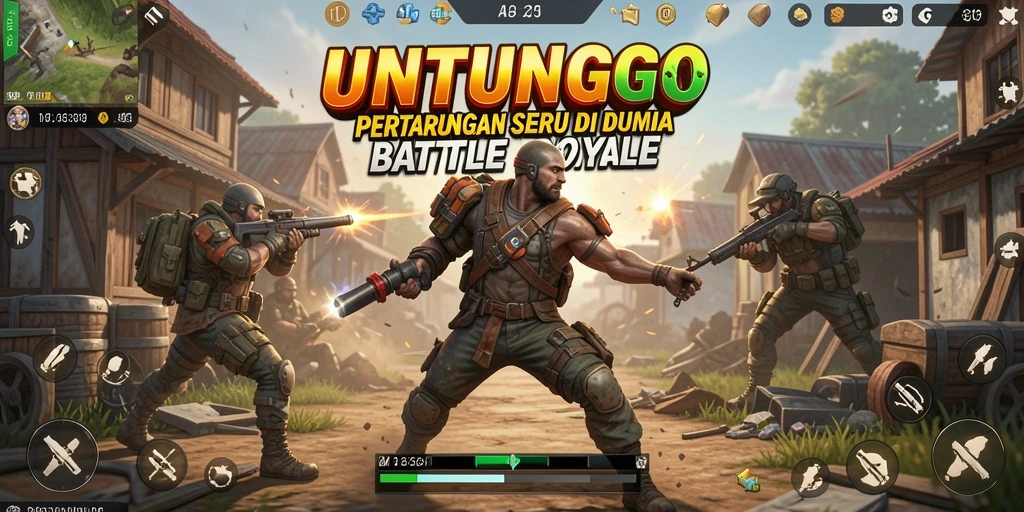 Screenshot utama UNTUNGGO menampilkan aksi seru dalam pertarungan Battle Royale.