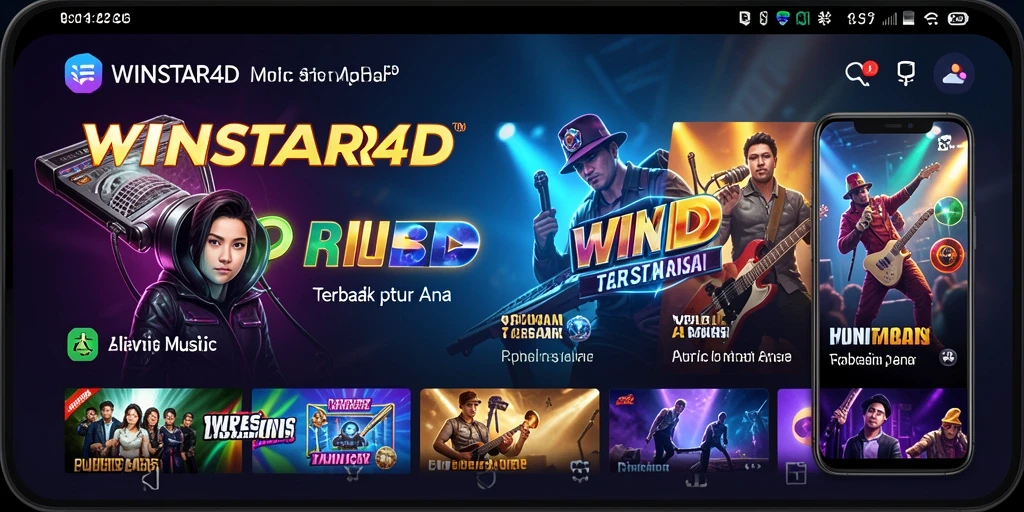 Screenshot gameplay <strong>WINSTAR4D</strong> dengan antarmuka aplikasi musik yang menarik.